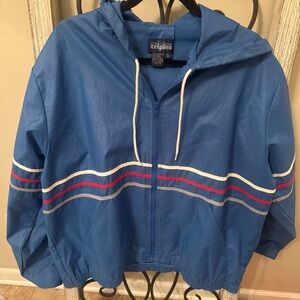 Triples Vintage Blue Hooded Windbreaker Jacket Mens L Retro 80s 90s Stripe‎